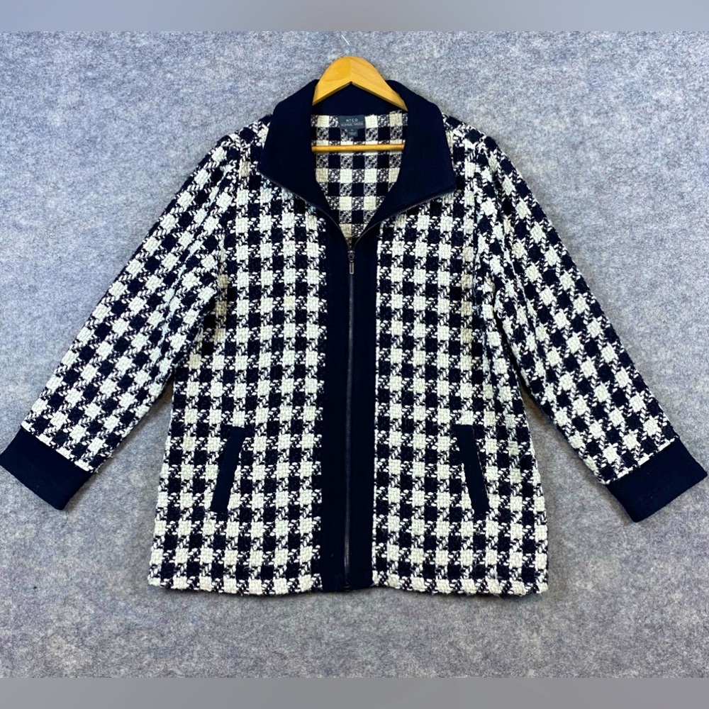 Nomadic Traders Jacket Cardigan XL Houndstooth Black White Zip Up Preppy Office